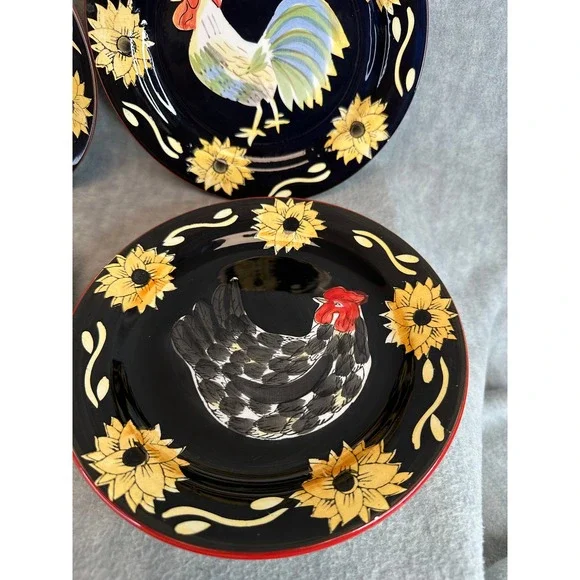 Set of 4 Rooster Sunflower Salad Plates Dark Blue Red Rim‎ Farmhouse  Decor - Picture 4 of 9